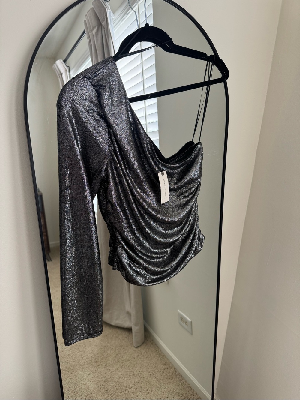 Anthropologie Metallic Charcoal One-Shoulder Drape Top